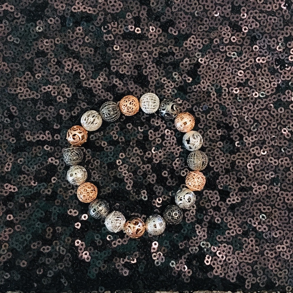 Silver Rose Black Beads Stretch Bracelet